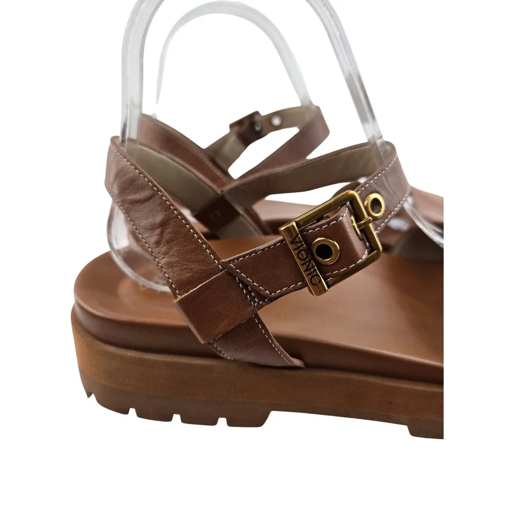Vionic Jamie Tan Leather Platform Ankle Strap Lug Sole Sandals Womens 8.5